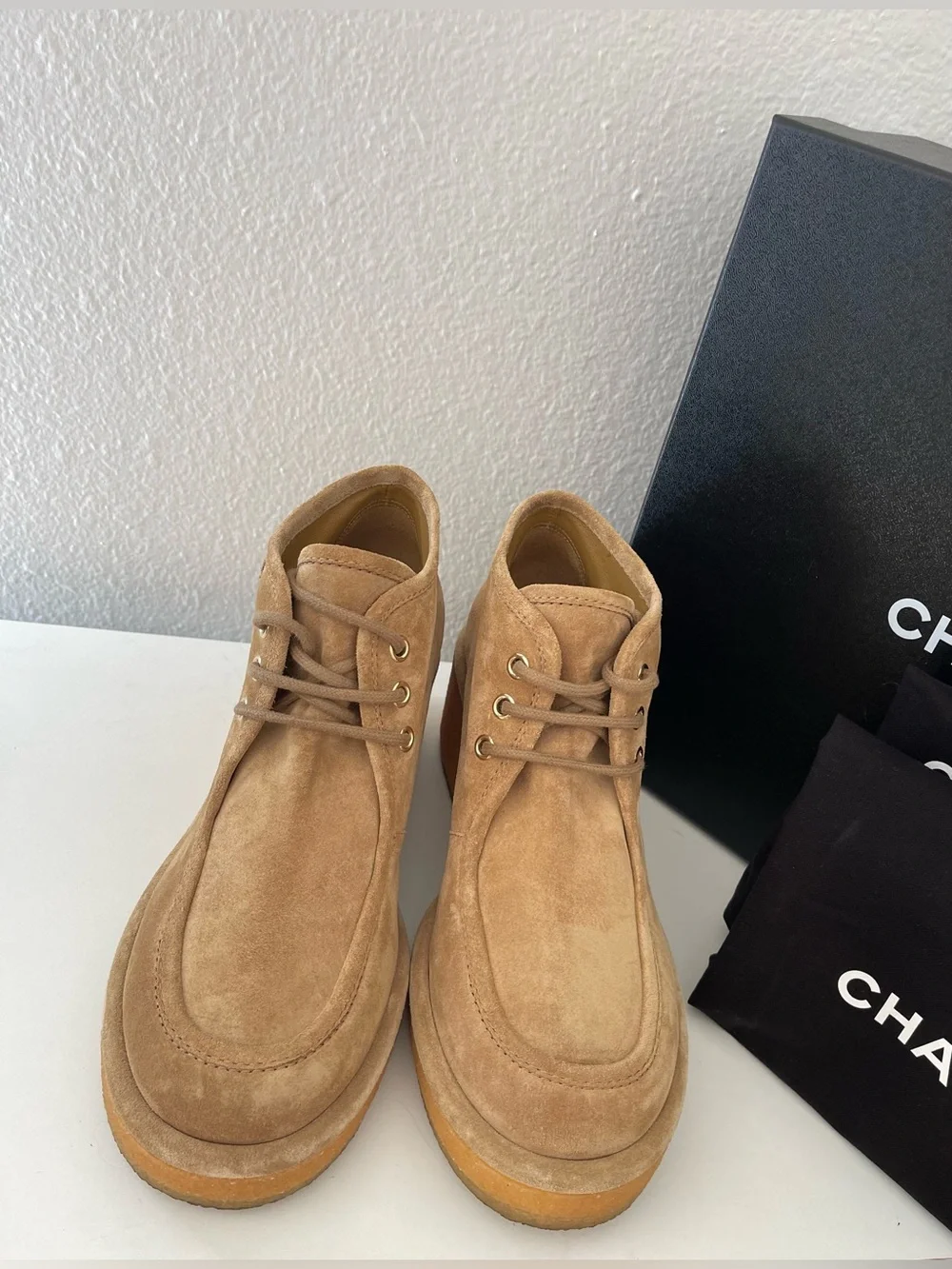 CHANEL Tan Suede Wedge Ankle Booties with Gold Logo